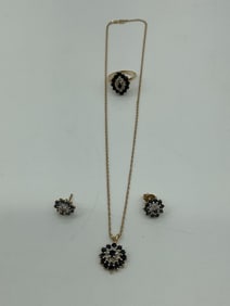 Vintage Sapphire and Diamond Cluster Jewelry Set (ring, chain with pendant, pair of earrings.)
