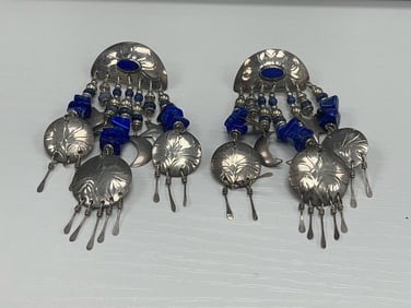 Vintage Mexican Sterling Silver Dangle Earrings with Lapis Beads