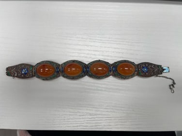 Antique Chinese Silver Filigree Bracelet with Carnelian and Enamel
