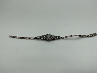 Antique Sterling Silver Art Deco Filigree Bracelet with Paste Stones