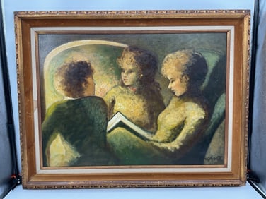 Three Figures Reading Vintage Oil Painting