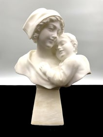 Carved White Marble Bust of Mother and Child - Italian, Signed