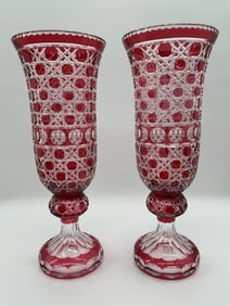Pair of Vintage Czech Bohemian Ruby Cut-to-Clear Crystal Vases