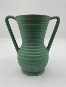 Art Deco Ribbed Pottery Vase with Double Handles