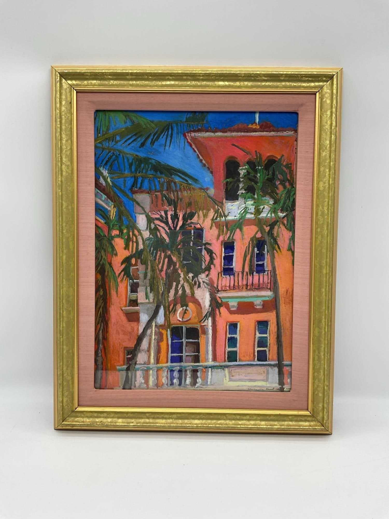 Tropical Facade by Shosanna Ahart: Description: Colorful architectural painting by Shosanna Ahart depicting a vibrant stucco building with palm trees and bold blue windows, likely inspired by South Florida or Caribbean architecture. Re