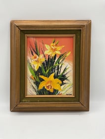 Yellow Daffodils on Coral By Heller Oil on Canvas