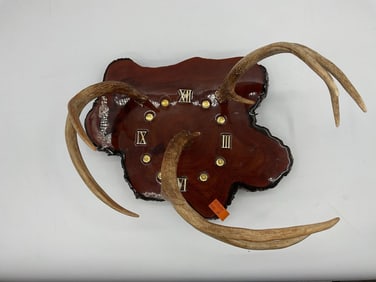 Antler-Adorned Burl Wood Wall Clock