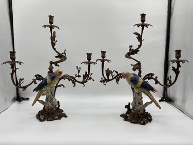 RARE - Pair of Porcelain Parrot and Bronze Candelabras by Mark Roberts