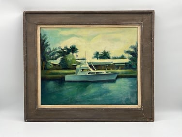 Canal Boat Scene Signed Jack Lorimer Gray (Canada, 1927-1981) Oil on Cavas