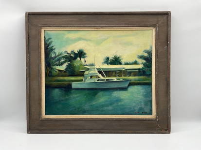 Canal Boat Scene Signed Jack Lorimer Gray (Canada, 1927-1981) Oil on Cavas: Description: This painting by Jack L Gray depicts a peaceful canal-side scene with a white motor yacht docked in calm waters. Behind the boat, a low residential structure is nestled among lush palm tr
