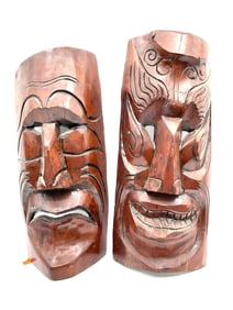Pair of Hand-Carved Wooden Theatrical Masks