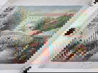 Flower Market Scene by Henry Oil on Canvas