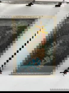 Abstract Botanical Forms Mixed Media: Description: A textured abstract composition featuring overlapping organic leaf-like shapes in yellow, blue, and earth tones against a dark, layered background. The style is reminiscent of mid-century