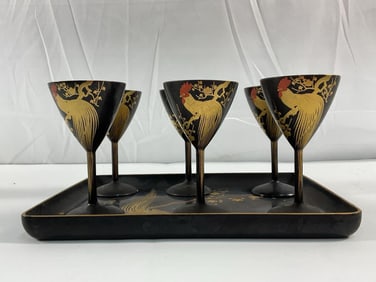 Six Vintage Japanese Lacquered and Gilded Sake Cups & Tray