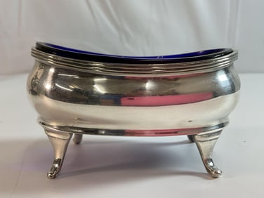 Antique Silver Salt Cellar with Cobalt Glass Liner - Elkington & Co