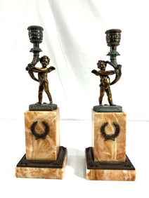 Pair of Neoclassical Bronze & Marble Cherub Candelabra Holders