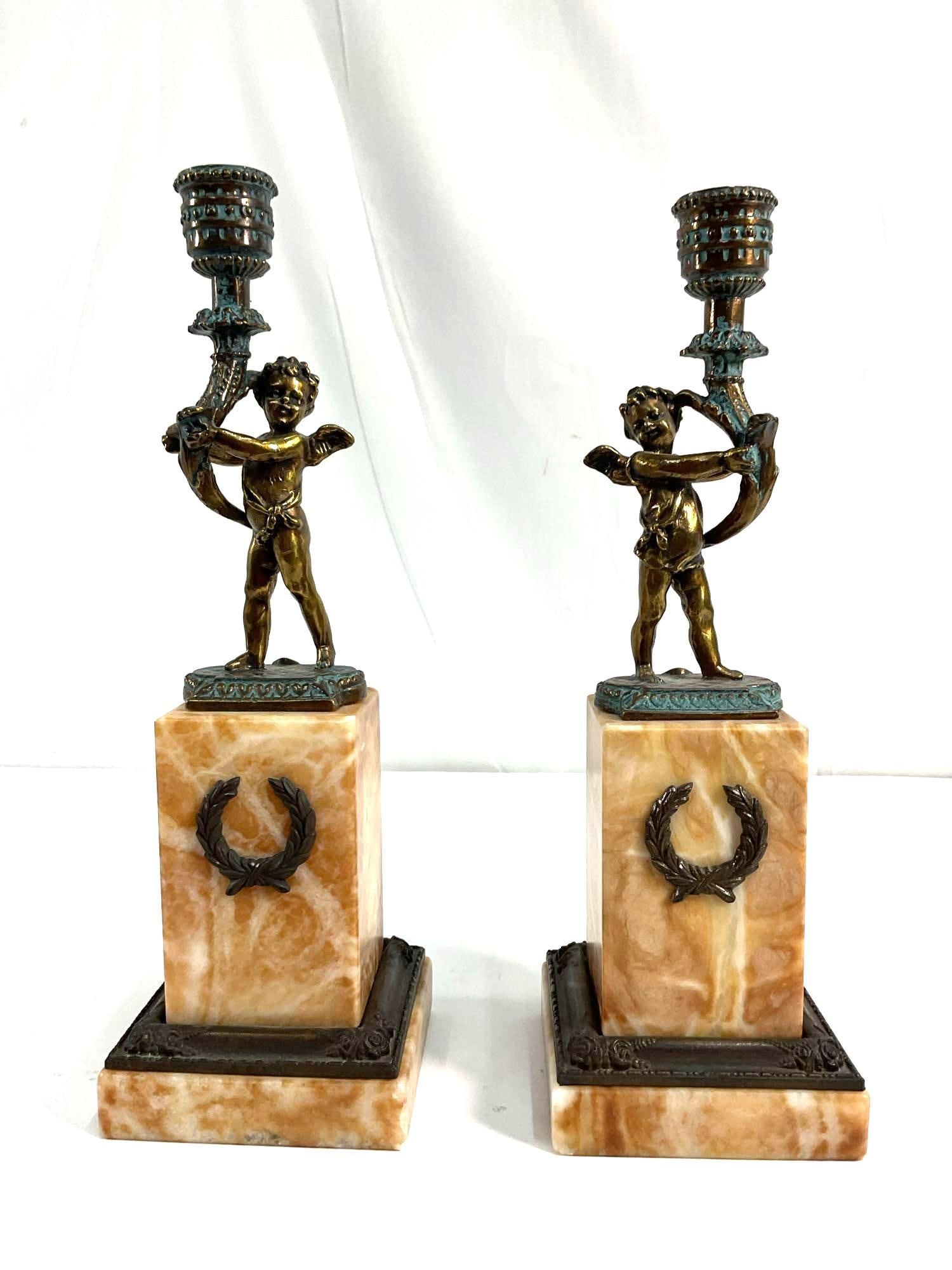 Pair of Neoclassical Bronze & Marble Cherub Candelabra Holders (1 of 3)