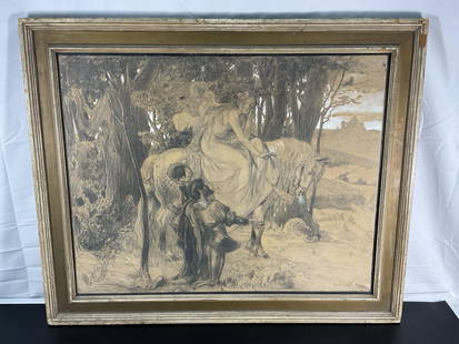 Carl Frederik Hill (Sweden, 1849-1911) Pencil drawing: Description: This 19th-century drawing by Swedish artist Carl Frederik Hill (1849–1911) depicts a romantic mythological scene set in a forest. A minstrel kneels before a young girl seated gracefully