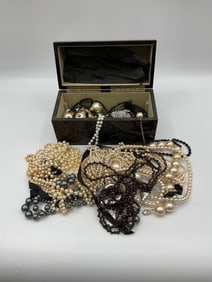 Assorted Faux Pearl and Beaded Costume Jewelry in Lacquered Box