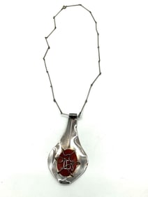Modernist Silver Pendant with Red Agate and Geometric Chain - Israel