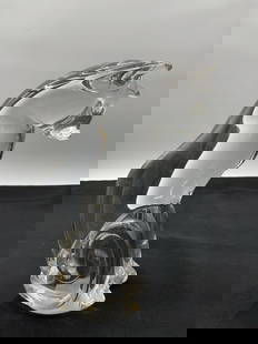 Clear Glass Howling Dog Figurine - Signed, Artist Unknown: Solid clear art glass sculpture of a stylized howling dog with fluid, abstract lines and a curled tail. Likely mid to late 20th century studio glass. Dimensions: H9in L7in W3in Medium: Hand-blown