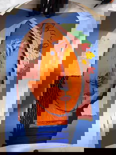 Abstract Portrait by Alberto Ulloa (Dominican Republic, 1950-2011) Serigraph: Description: Striking abstract portrait by Dominican artist Alberto Ulloa, dated 1990. The composition features a stylized face with elongated and geometric forms, vivid orange and red tones, and a