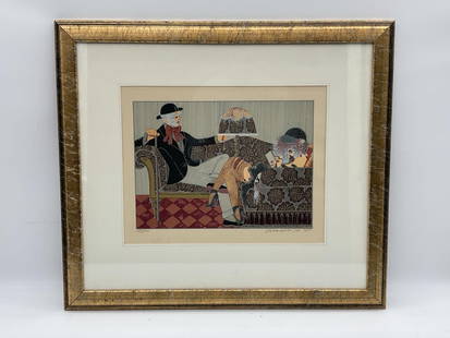 The Conversation by Miriam Dauber (Israeli, b.1946) Serigrpah: A whimsical Art Deco-style scene featuring a seated elderly gentleman and two fashionably dressed women engaged in lively conversation on a patterned sofa. Rich in decorative detail with floral motifs