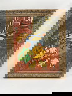Barnyard Morning by Z. (Unknown Artist): Naïve-style rural farm scene showing two figures in overalls attending to a large yellow chicken near a coop, with sheep and hens nearby. Bold outlines and earthy tones emphasize folk-art charm.