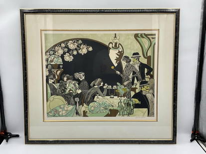 The Supper Club by Miriam Dauber (Israeli, b.1946) Serigraph: Description: Lavish Art Deco interior scene with elegantly dressed figures mingling around a formal dining table. Filled with stylized details, floral accents, and theatrical expressions, this