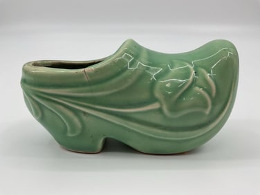 Green Ceramic Dutch Shoe Planter with Lily Motif