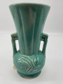 McCoy Double-Handled Floral Relief Vase with Turquoise Glaze
