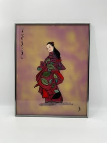 Japanese Woman in Leaf Kimono Acrylic on Glass Painting