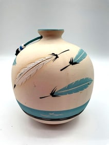 Southwestern Style Hand-Painted Pottery Vase with Feather Motif