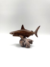Hand-Carved Wooden Hammerhead Shark on Driftwood Base