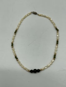 Vintage Beaded Necklace with Mother of Pearl and Green Accents
