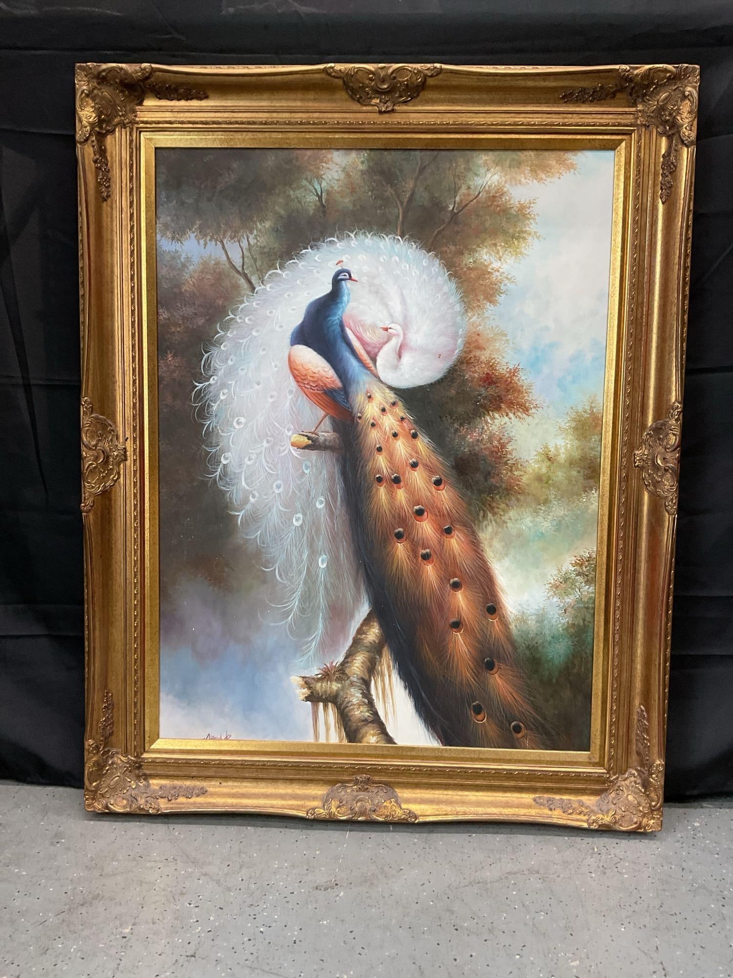 Peacock Pair by Alfred K. Oil on Canvas (1 of 4)