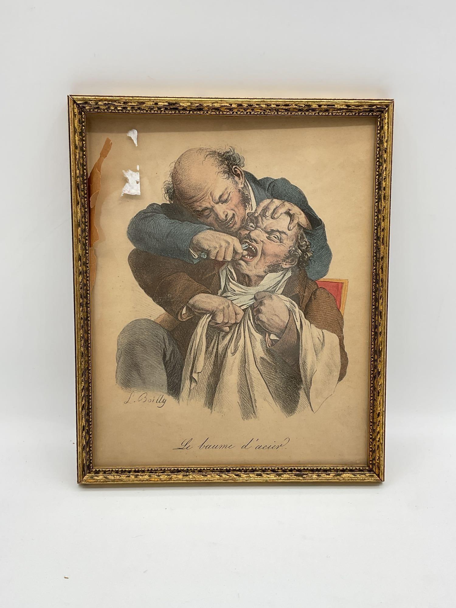 Le Baume d'Acier? by Louis-Leopold Boilly (French, 1761-1845) Engraving: Description: Amusing hand-colored lithograph by French artist Louis-Leopold Boilly, titled Le baume d’acier? ("The Steel Balm?"). The scene humorously depicts a barber-surgeon or dentist ext