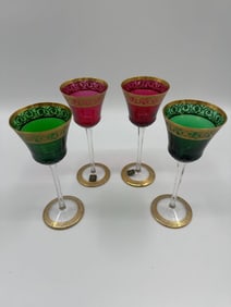 RARE (4) Green, Red and Gold Hock Wine Thistle by Saint Louis Cristal