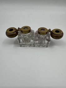 Pair of Antique Glass Inkwells with Brass Lids