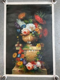 Still Life with Colorful Blooms by J. Nikson Oil on Canvas