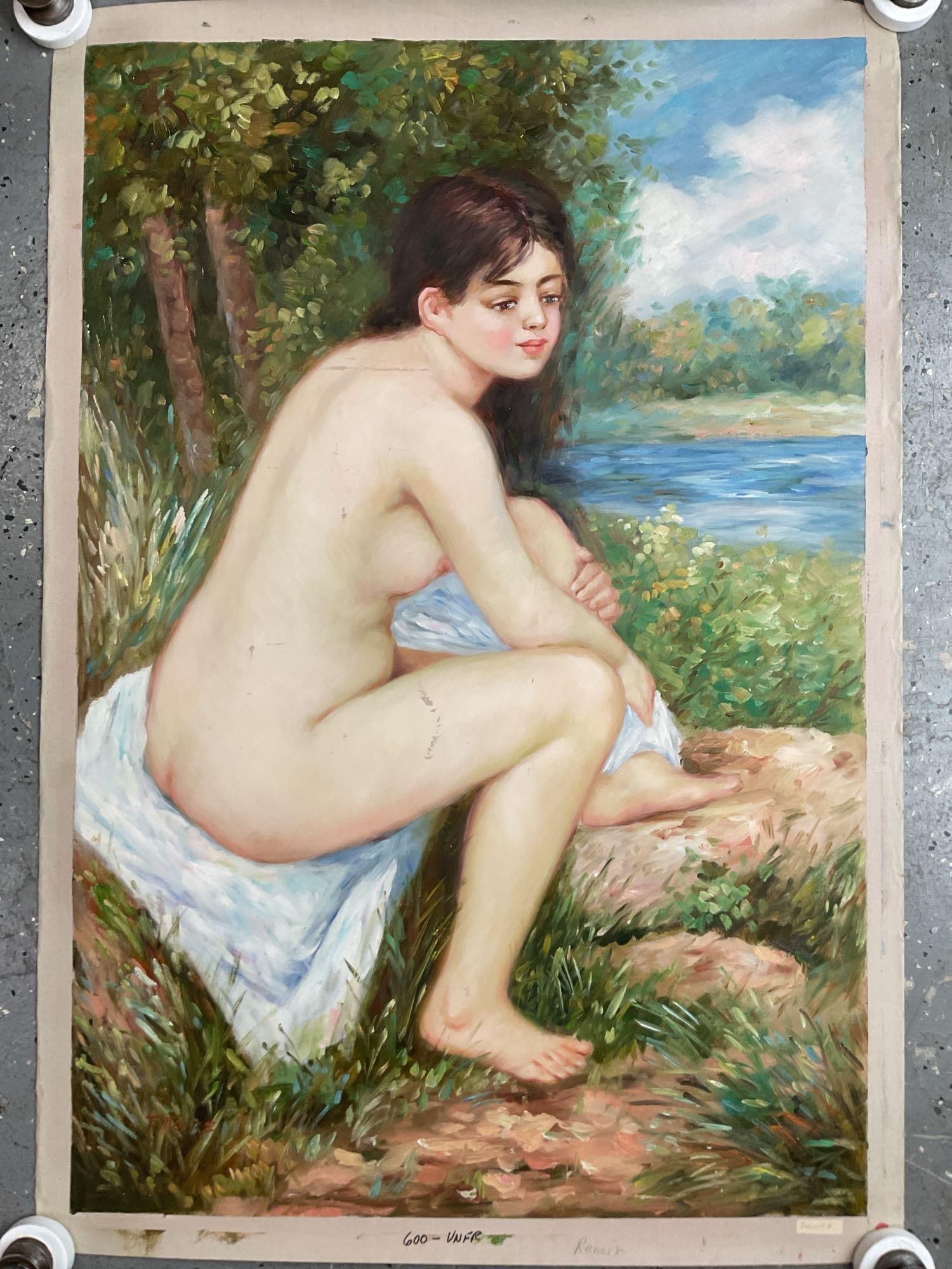 Seated Nude by River by T. Moore Oil on Canvas: Description: Impressionist-style painting of a nude young woman seated on a rock by a flowing river, surrounded by lush greenery and bright blue skies, echoing the influence of Pierre-Auguste Renoir D