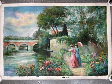 Garden Stroll by the River by R. Christuss Oil on Canvas