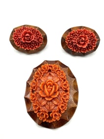 Vintage Floral Bakelite Brooch and Earring Set