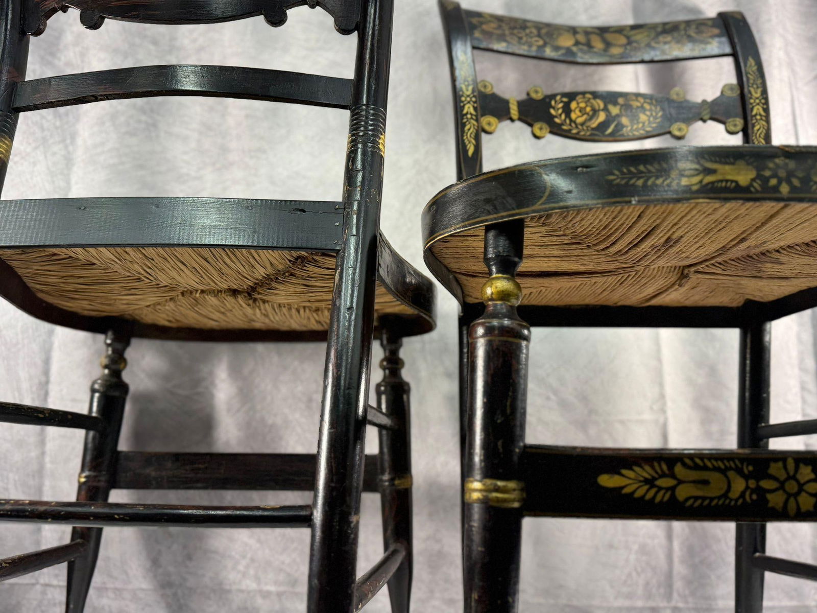 2 - Turtleback Hitcock Chairs: Wood/ Rattan Chairs, set of 2, H34in L19in W15in approx