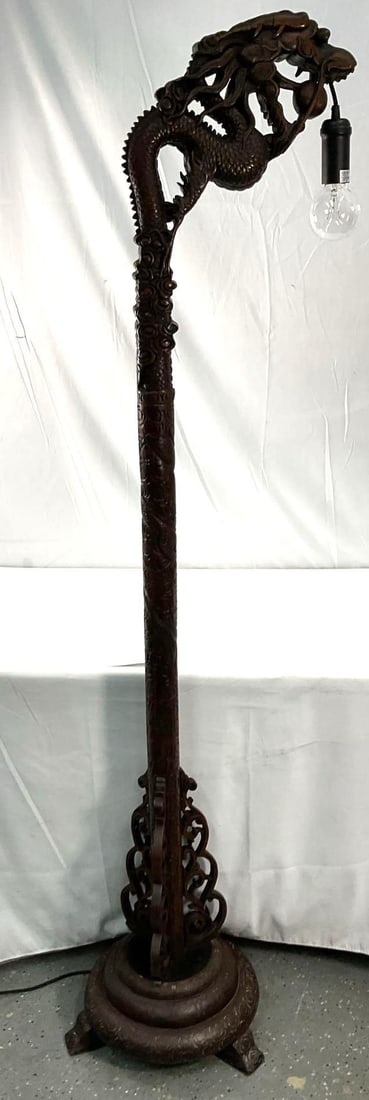 Antique Chinese Mahogany 1920's Hand Carved Dragon Floor Lamp (1 of 4)