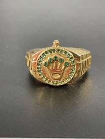 Gold Rolex-Inspired Signet Ring with Emerald Stones