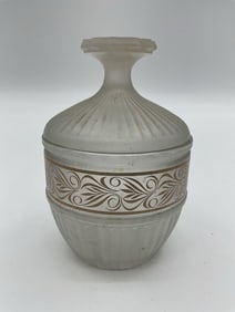 Vintage Frosted Glass Apothecary Jar with Gold Scroll Band