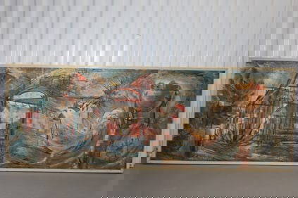 Oil on Board Painting Signed Sansone: Rooster on street, oil on board, signed Sansone Dimensions: H:19in L:51in