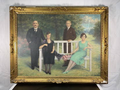 Family Portrait by Emile Bulcke - Early 20th Century Oil Painting: This exquisite oil painting by Emile Bulcke features a formal family portrait set against a serene garden backdrop. The artwork showcases four individuals in early 20th-century attire, with the patria