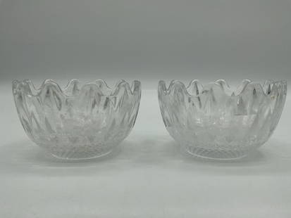 Pair of Vintage Clear Glass Ruffled Nut Bowls: Two small clear pressed glass bowls with ruffled rims and vertical fluted patterns, finished with a hobnail-style base. Ideal for nuts, candy, or condiments. Dimensions: H3in Dia5in Medium: Pressed